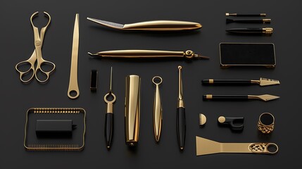 A collection of elegant, gold-toned stationery and grooming tools arranged on a dark surface.