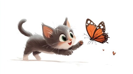 a 2D cartoon illustration of a kitten chasing a butterfly, playful and curious, white background--ar 16:9