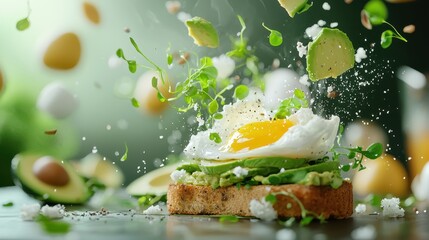 Exploded avocado toast, with slices of avocado, poached egg, and microgreens floating in mid-air, creating a fresh aesthetic, [Food exploded], [modern healthy cuisine]