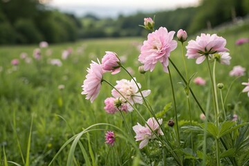 Soft pink pastel flowers blooming in a lush green meadow, peaceful countryside, flower field, delicate petals, pastel bloom, gentle atmosphere