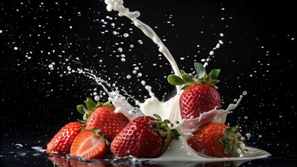 strawberries with splashes of juice and cream isolated on a black background, dessert table, colorful fruit, snack ideas