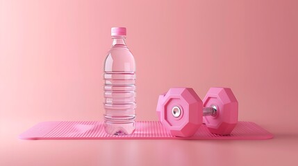 A pink workout setup featuring a water bottle and dumbbells on a mat, promoting fitness and healthy living.