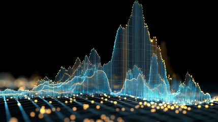 Fototapeta premium The display showcases a dynamic graph representing fluctuating data trends, featuring sharp peaks and smooth valleys against a black background with illuminated elements