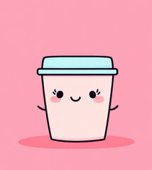 A cute, cartoon-style coffee cup character with a smiling face, set against a soft pink background, perfect for playful designs and warm themes.