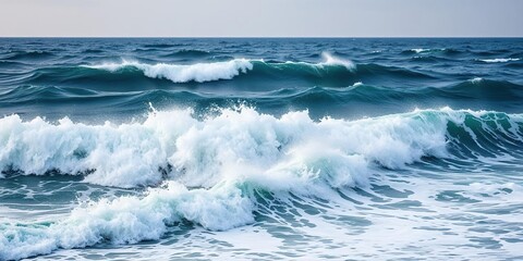 Fototapeta premium Majestic ocean waves crashing against the shore in a dramatic setting, turbulent water, powerful motion, rocky coastline