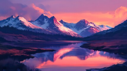 Serene Mountain and River Sunset Reflection with Pink Sky and Snow-Capped Peaks in Tranquil Landscape