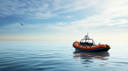 Fototapeta premium Rescue boat on tranquil waters with life buoy, prepared for action, surrounded by serene blue sea and distant horizon, with seagulls flying overhead.