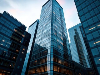 Naklejka premium Modern glass and steel high-rise building exterior at dawn, modern architecture, steel structure, building exterior