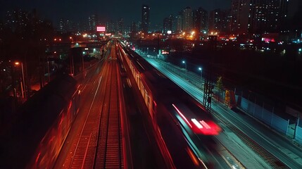 Obraz premium Nighttime cityscape featuring illuminated train tracks and moving trains.