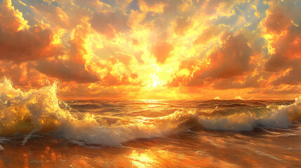 Golden Sunset Sea Illustration