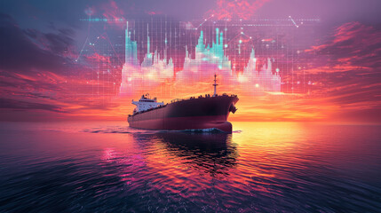 Cargo ship sailing through calm waters at sunset with digital data graph overlay showing trends and market analysis.