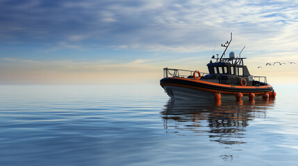 Fototapeta premium Rescue boat on tranquil waters with life buoy, prepared for action, surrounded by serene blue sea and distant horizon, with seagulls flying overhead.