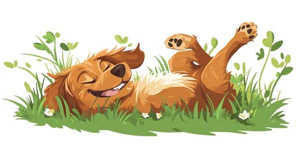 Fototapeta premium a 2D cartoon illustration of a dog rolling in the grass, carefree and happy, white background--ar 16:9