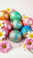 Fototapeta premium Festive Easter Scene with Painted Eggs, Pink Flowers, and a White Bunny