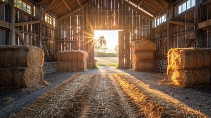 Sunbeams Illuminating Hay Bales Inside a Rustic Barn