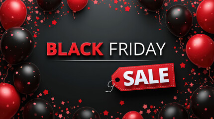 Festive Black Friday Sale Banner with Red Ornaments and Neon Lights for Holiday Shopping Promotions