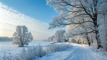 Obraz premium Frosty morning landscape with snow-covered trees and a serene blue sky background evoking winter wonderland, winter wonderland, frozen lake, frosty morning, icy mountains, peaceful atmosphere