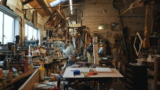 A messy workshop with a lot of wood and tools. Scene is chaotic and cluttered
