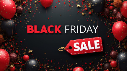 Festive Black Friday Sale Banner with Red Ornaments and Neon Lights for Holiday Shopping Promotions