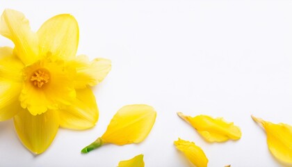Naklejka premium Closeup of Blooming Daffodil Flowers and Petals Isolated on White Background. Top View of Flower with Empty Space.