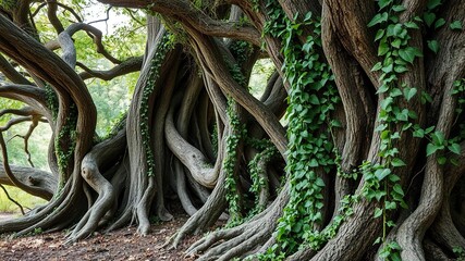 Vines and creepers entwine ancient tree trunks, as if in a macabre dance, creepers, abandoned