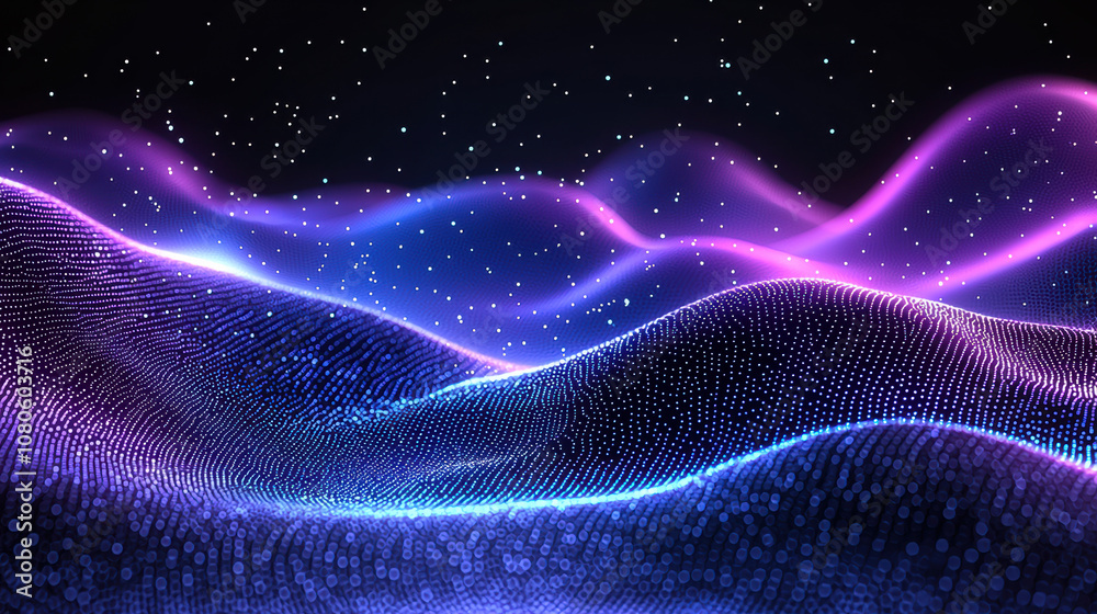 Poster a vibrant wave of colorful light particles flowing across a dark background, creating a mesmerizing 