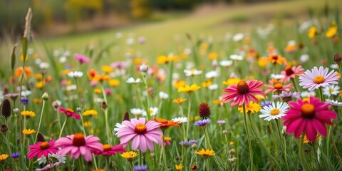Obraz premium A picturesque meadow filled with a variety of colorful wildflowers swaying gently in the breeze on an autumnal day, gentle breeze, field, background
