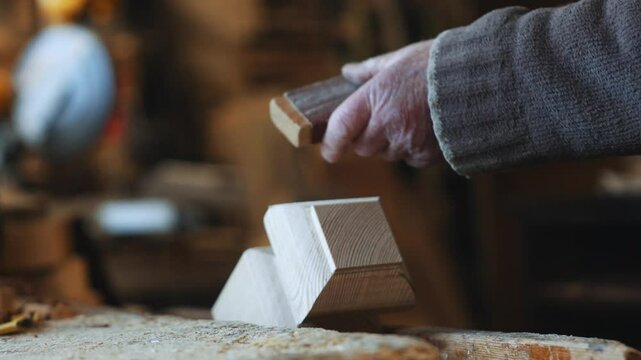 A person is using a hammer to shape a piece of wood. The wood is rough and uneven, and the person is working to smooth it out. Concept of craftsmanship and dedication to the task at hand