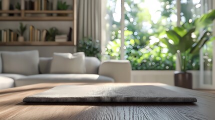 Indoor wooden table and plant poster background with Generative
