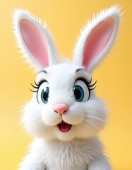 Obraz premium Cute white rabbit with a joyful expression and big eyes against a bright yellow background