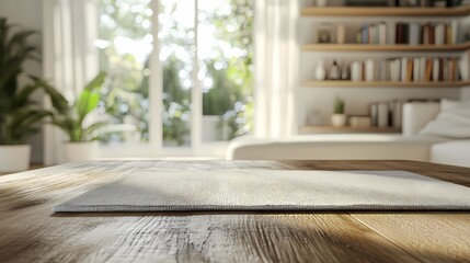 Indoor wooden table and plant poster background with Generative