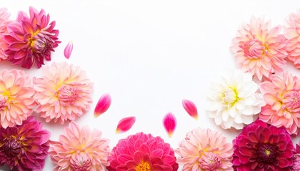 Closeup of Blooming Dahlia Flowers and Petals Isolated on White Background. Top View of Flower with Empty Space.