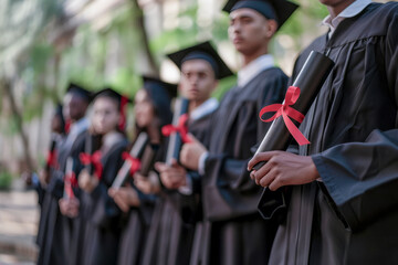 Graduates in line holding diplomas with red ribbons, celebrating achievement and academic success