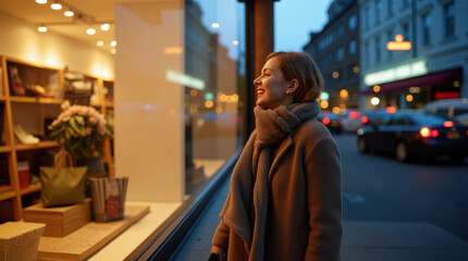 Obraz premium Festive Holiday Shopping Moment - Happy Woman Shopping, Christmas Gifts, City Lights, and Holiday Cheer