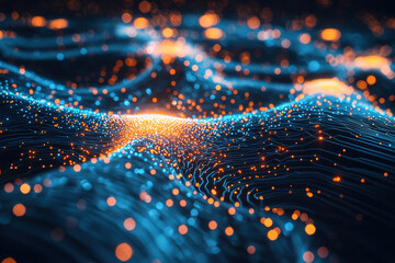 Stunning abstract landscape featuring glowing lines and vibrant particles, creating a mesmerizing digital scene filled with depth and motion.