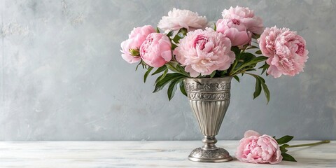 Fototapeta premium Pink peony blooms in a elegant silver vase against a soft gray background, sophisticated look, silver vase