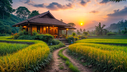 Fototapeta premium Cottage in a rice field among mountains covered with forest