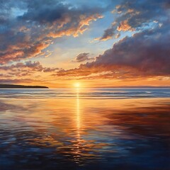 Obraz premium Capture a panoramic view of a serene seaside sunset, evoking heartfelt emotions Blend warm hues and gentle reflections for a touching scene, reminiscent of an emotional journey