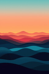 A serene landscape featuring layered hills under a colorful sunset, perfect for evoking tranquility and natural beauty.