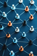 Abstract network connections featuring colorful pins on a dark background, representing teamwork, collaboration, and communication.