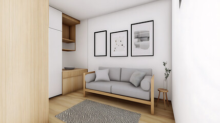 Fototapeta premium minimalist Scandinavian inspired living room featuring light gray sofa, wooden furniture, and framed artwork on walls, creating cozy and inviting atmosphere