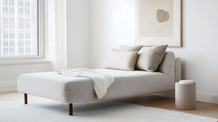Fototapeta premium Minimalist studio apartment living room featuring modern daybed, soft pillows, and neutral color palette. serene atmosphere invites relaxation and comfort