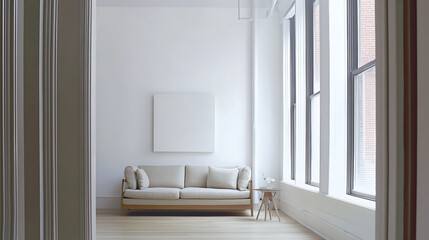 Minimalist studio apartment living room with light sofa and large windows. bright space features wooden flooring and simple decor, creating serene atmosphere
