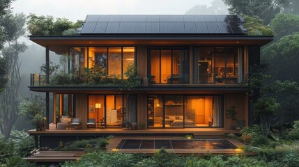 Modern eco-friendly house surrounded by lush greenery.