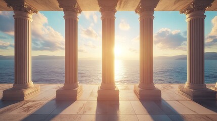 Fototapeta premium Serene view of columns overlooking a tranquil sea at sunset.