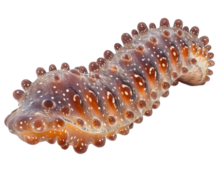 Sea cucumber with its soft, elongated body, lying on an invisible sea floor on transparent background