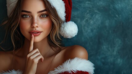 Fototapeta premium Beautiful Woman Dressed in Santa Claus Coat and Hat Smiling in Festive Holiday Setting – Christmas Cheer and Seasonal Celebration Portrait