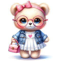 Stylish teddy bear with pink bow, pink glasses, and a denim jacket holding a pink handbag. Watercolor illustration in cartoon style on white background