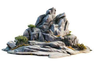 A rugged rocky outcrop stands prominently, adorned with patches of vibrant greenery. Sunlight casts soft shadows on the terrain, enhancing the natural beauty