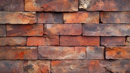 Close-up of a red brick wall texture background, with copy space for text. The red bricks are in close-up, showcasing the texture of an old building or house wall.